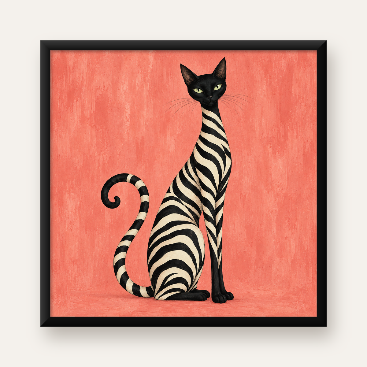 Zebra Desenli Kedi İllüstrasyonu Pembe Poster — Kare baskı, düz siyah çerçeveli duvar posteri