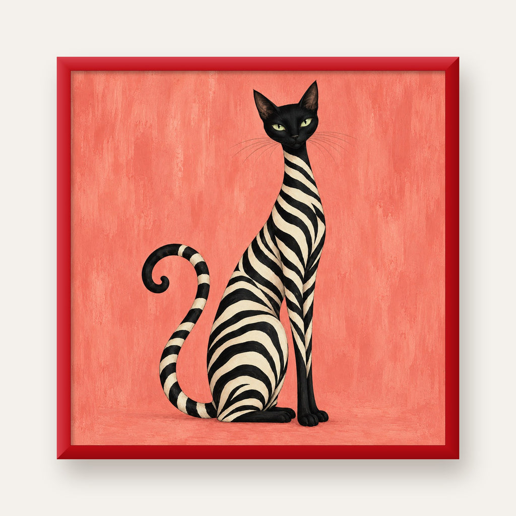 Somon Pembe Zebra Desenli Kedi Poster — kırmızı çerçeveli