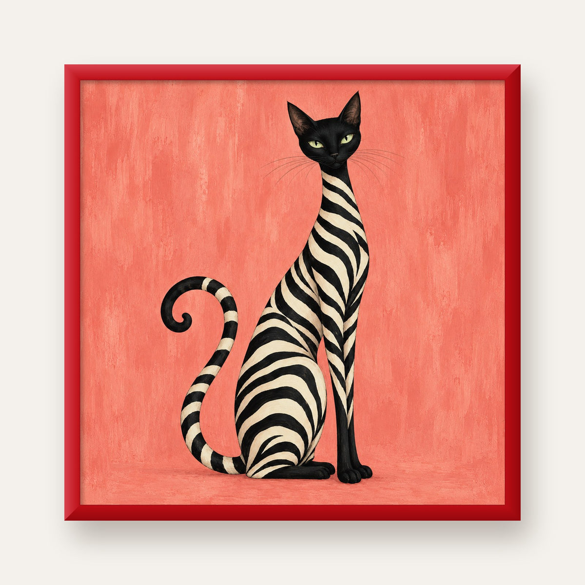 Somon Pembe Zebra Desenli Kedi Poster — kırmızı çerçeveli