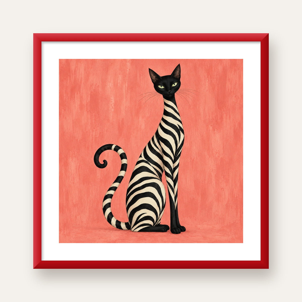 Somon Pembe Zebra Desenli Kedi Poster — kırmızı çerçeveli paspartulu