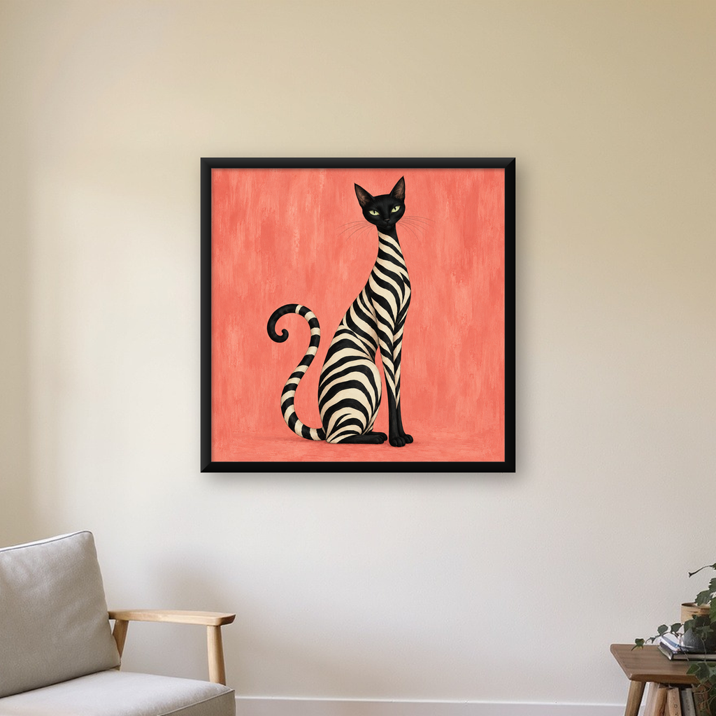 Zebra Desenli Kedi İllüstrasyonu Pembe Poster — Kare baskı, çerçeveli hâliyle bir ev duvarında