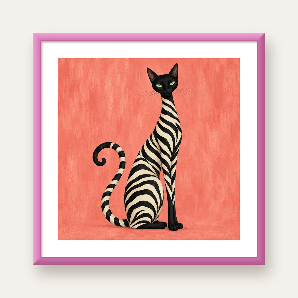 Somon Pembe Zebra Desenli Kedi Poster — pembe çerçeveli paspartulu