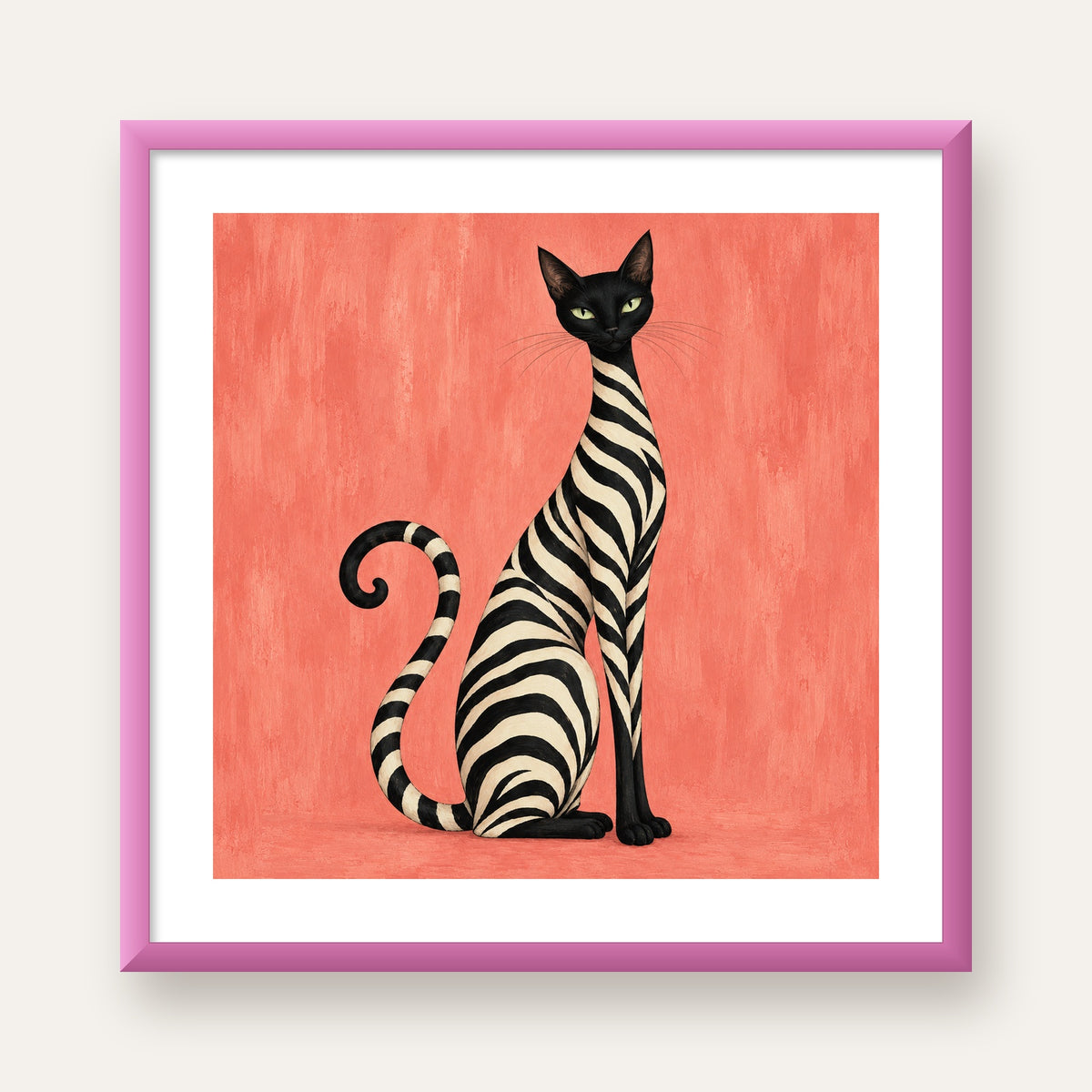 Somon Pembe Zebra Desenli Kedi Poster — pembe çerçeveli paspartulu
