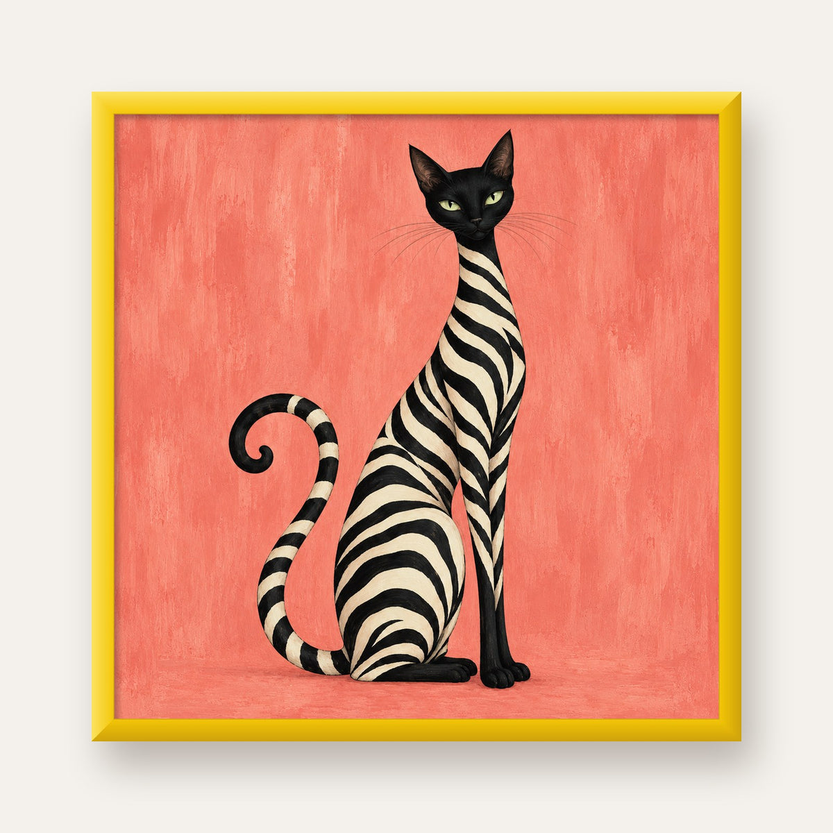 Somon Pembe Zebra Desenli Kedi Poster — sarı çerçeveli