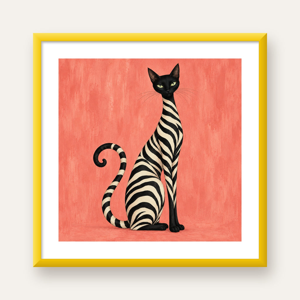 Somon Pembe Zebra Desenli Kedi Poster — sarı çerçeveli paspartulu