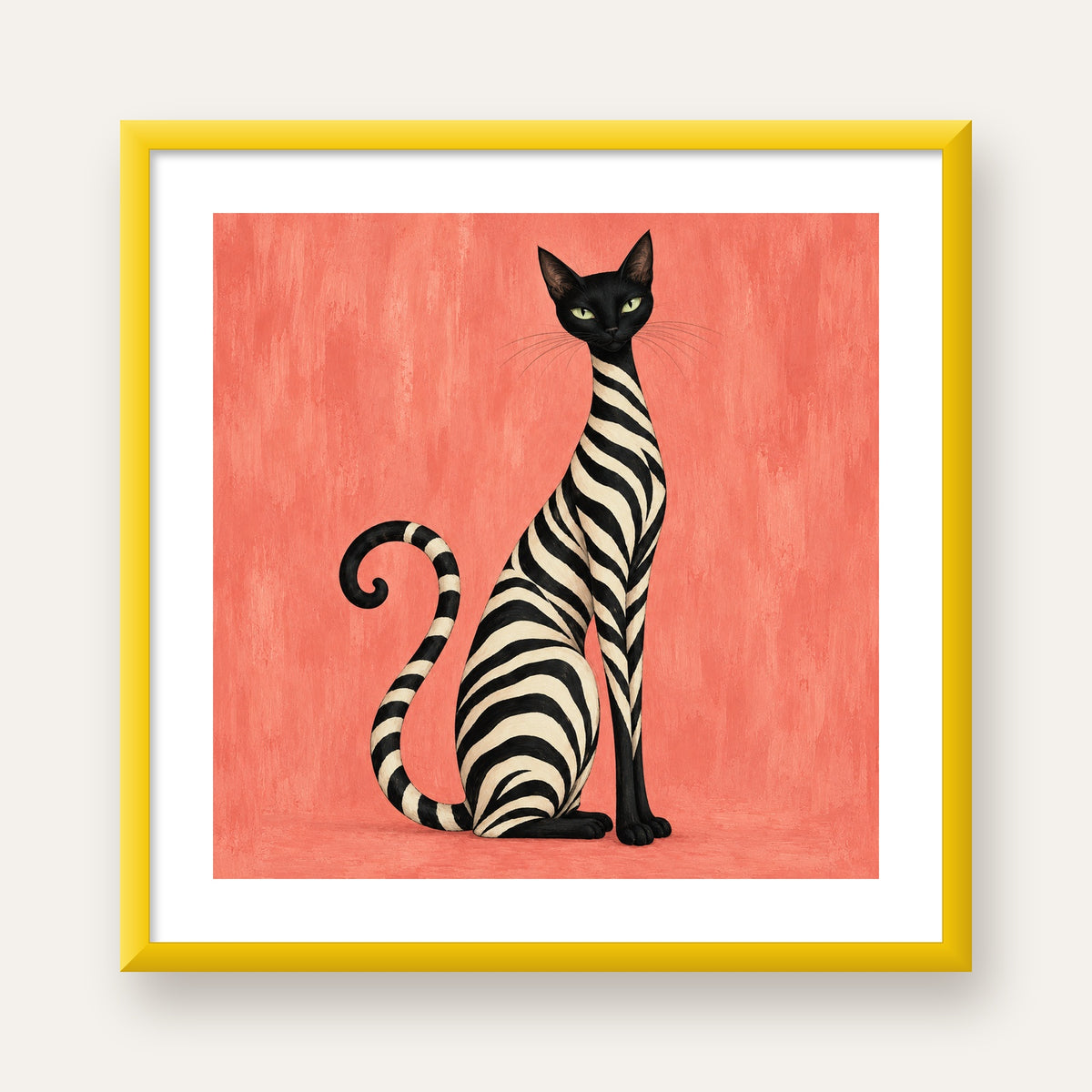 Somon Pembe Zebra Desenli Kedi Poster — sarı çerçeveli paspartulu