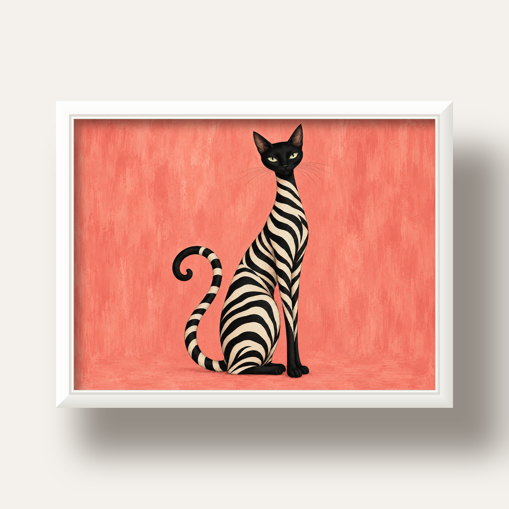 Somon Pembe Zebra Desenli Kedi Poster — beyaz derin çerçeveli