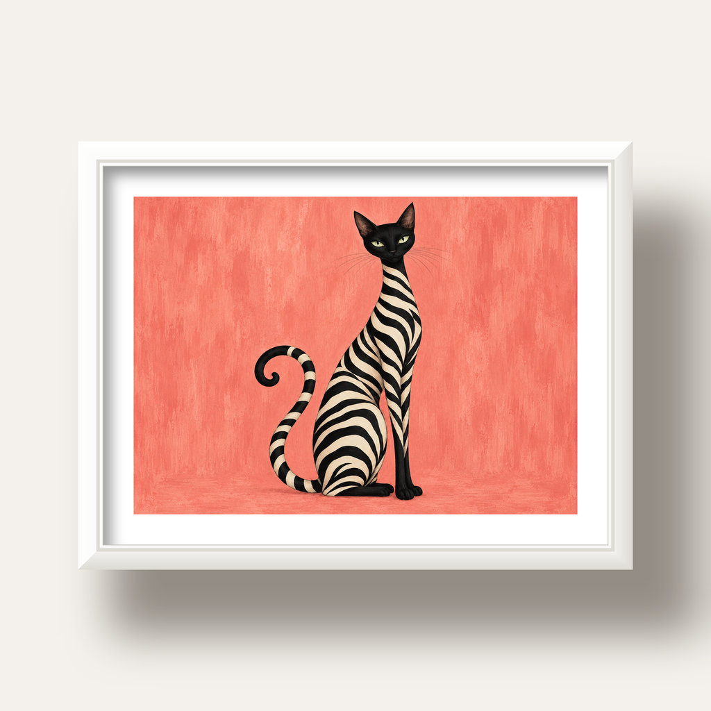 Somon Pembe Zebra Desenli Kedi Poster — beyaz derin çerçeveli paspartulu