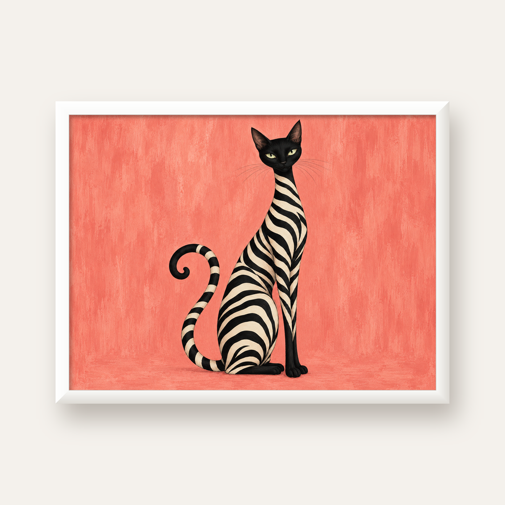 Somon Pembe Zebra Desenli Kedi Poster — beyaz çerçeveli yatay poster