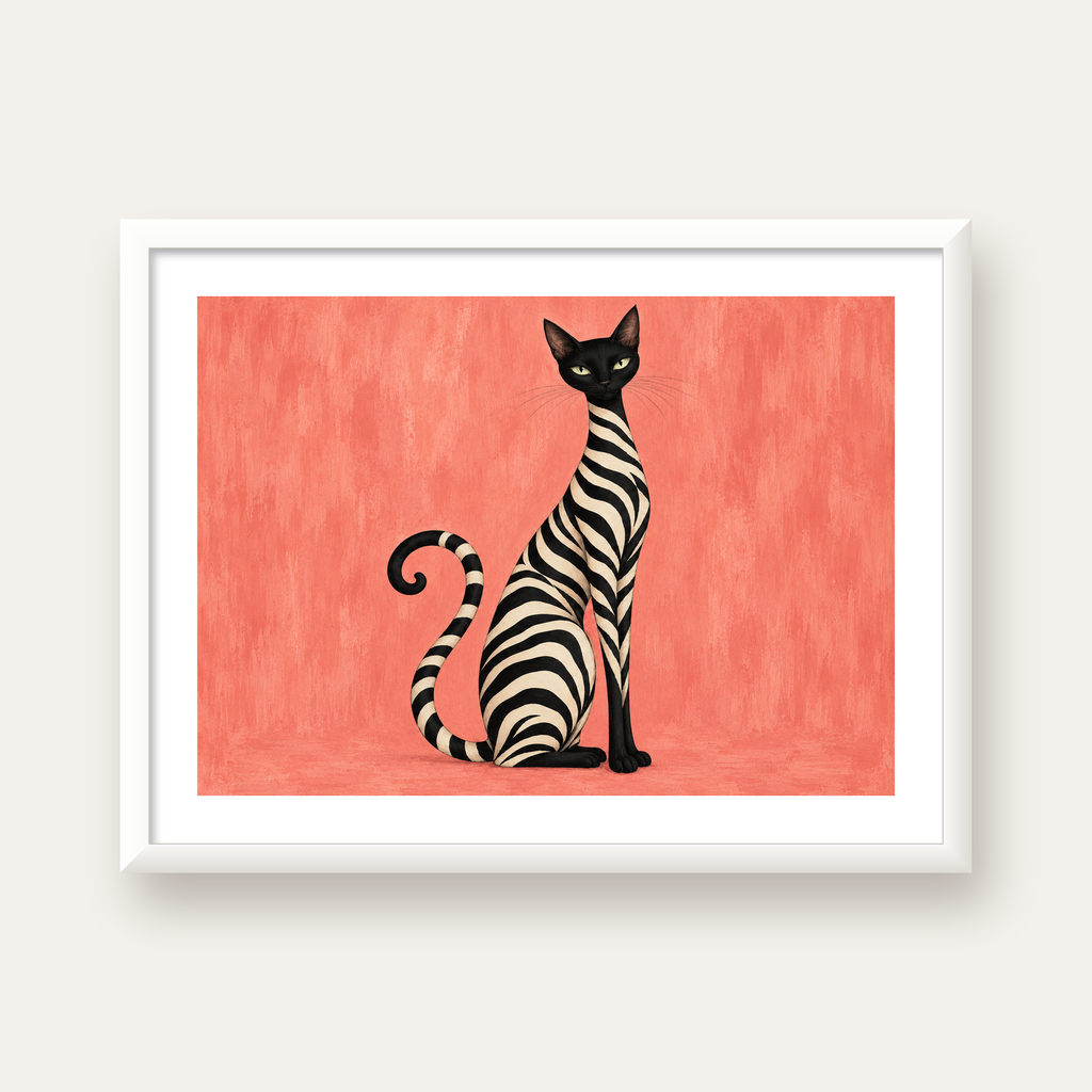 Somon Pembe Zebra Desenli Kedi Poster — beyaz çerçeveli yatay poster