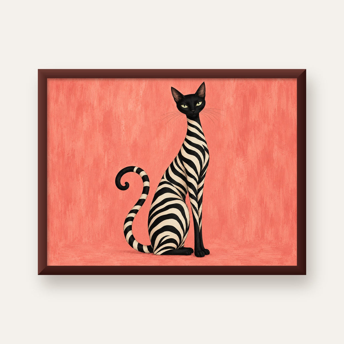 Somon Pembe Zebra Desenli Kedi Poster — ceviz çerçeveli