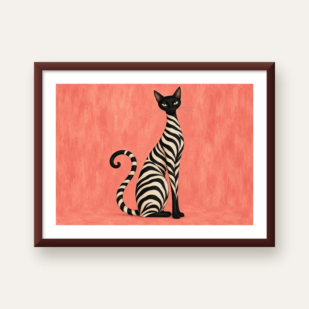 Somon Pembe Zebra Desenli Kedi Poster — ceviz çerçeveli paspartulu