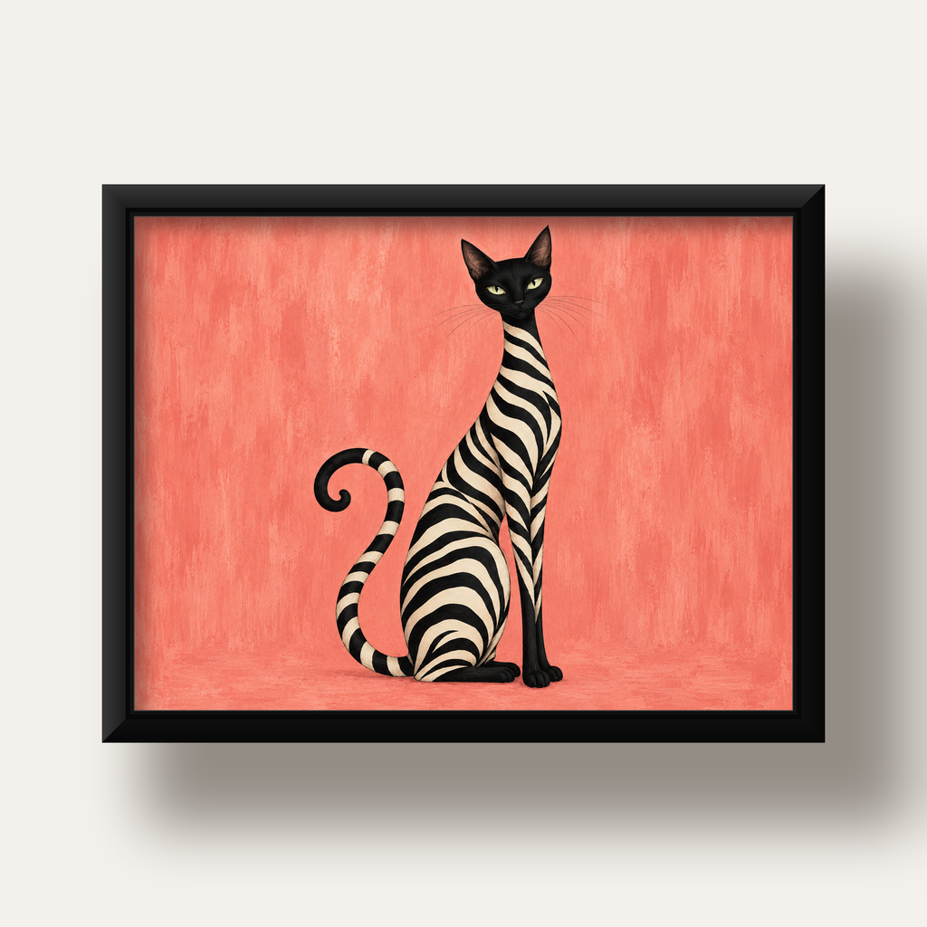 Somon Pembe Zebra Desenli Kedi Poster — siyah derin çerçeveli