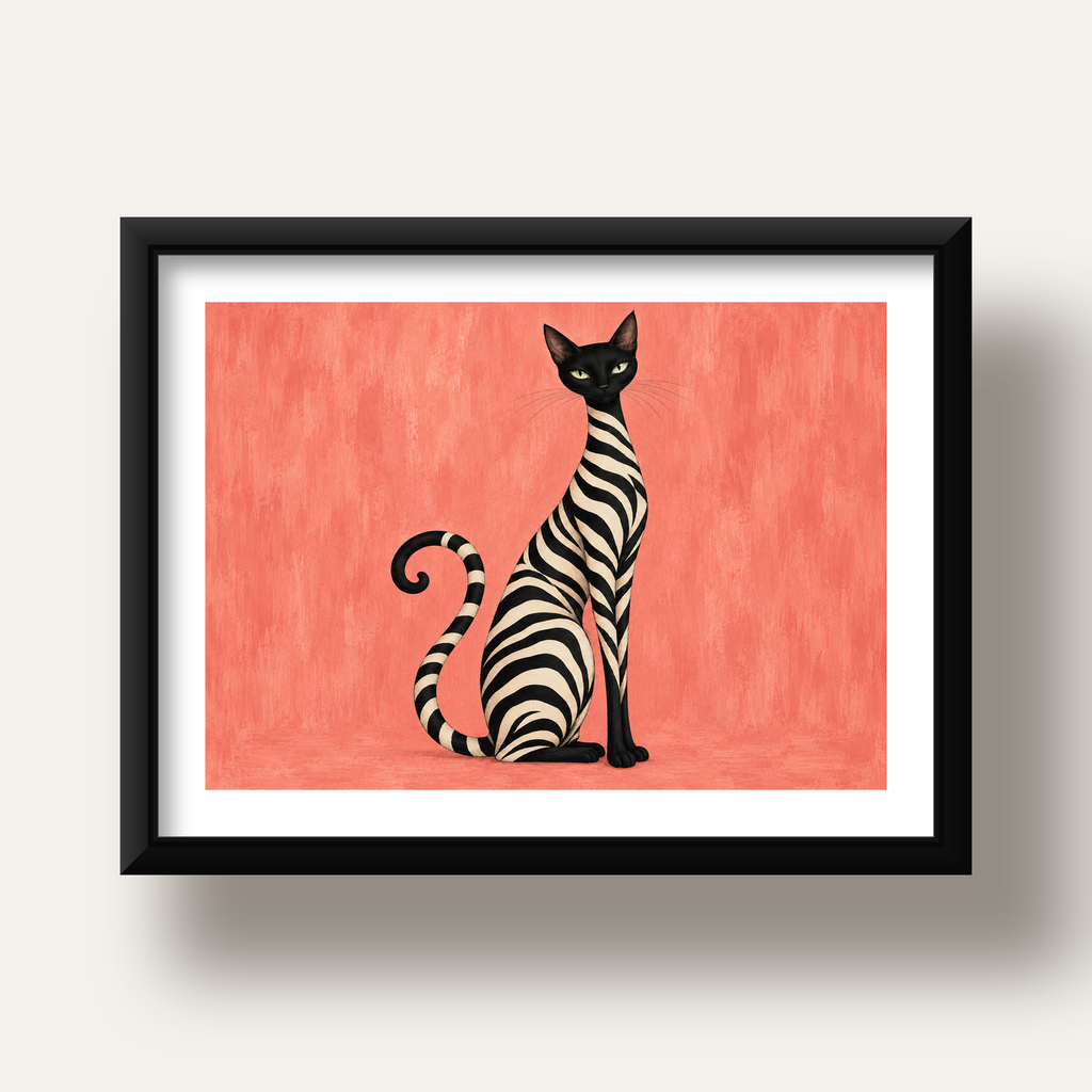 Somon Pembe Zebra Desenli Kedi Poster — siyah derin çerçeveli paspartulu