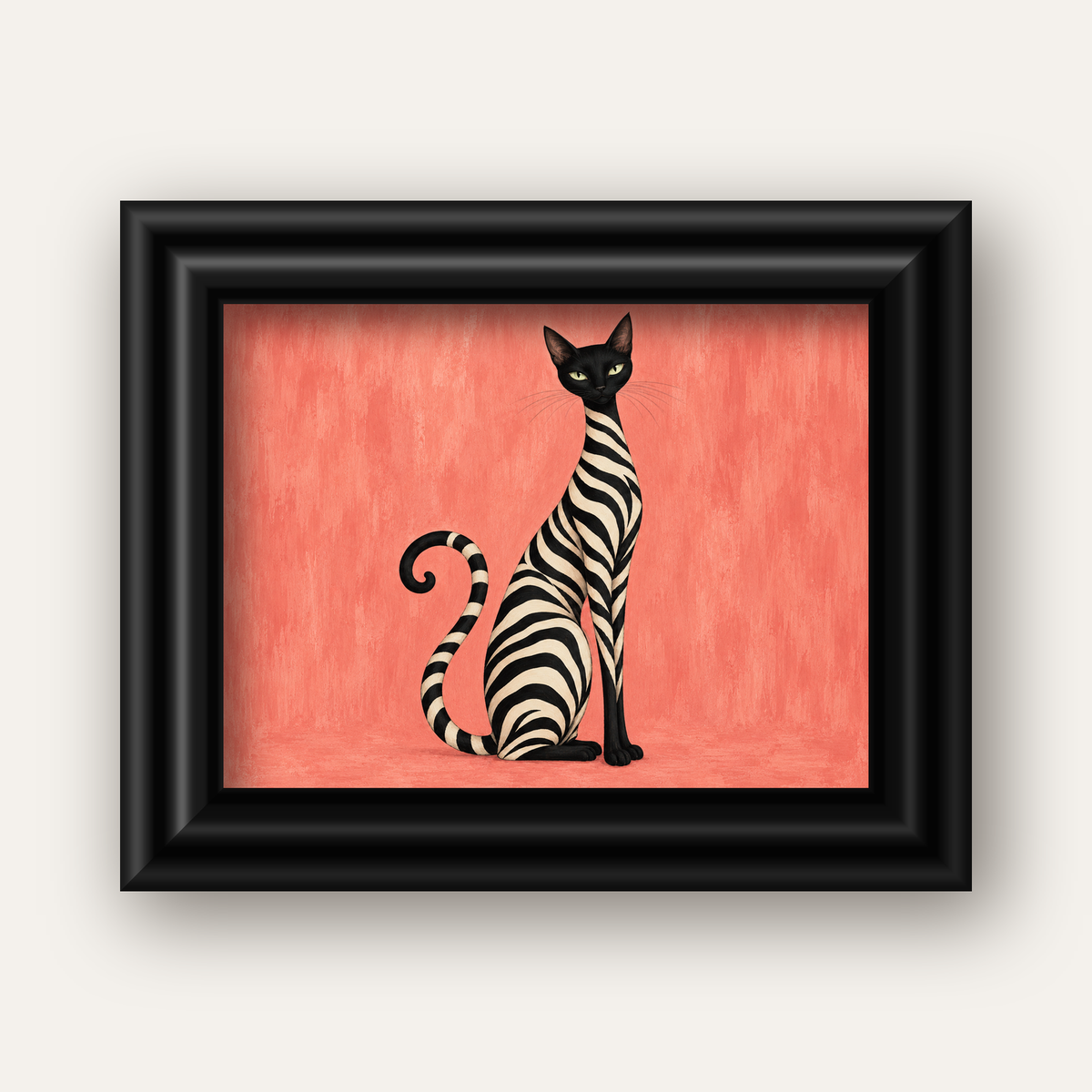 Somon Pembe Zebra Desenli Kedi Poster — siyah galeri çerçeveli