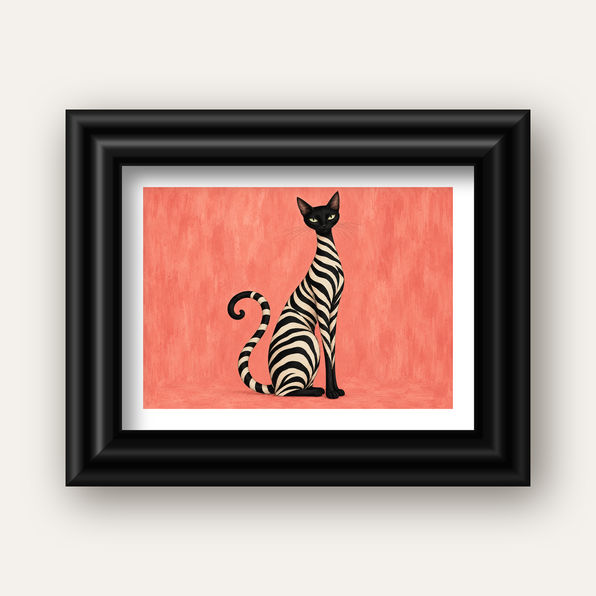 Somon Pembe Zebra Desenli Kedi Poster — siyah galeri çerçeveli paspartulu