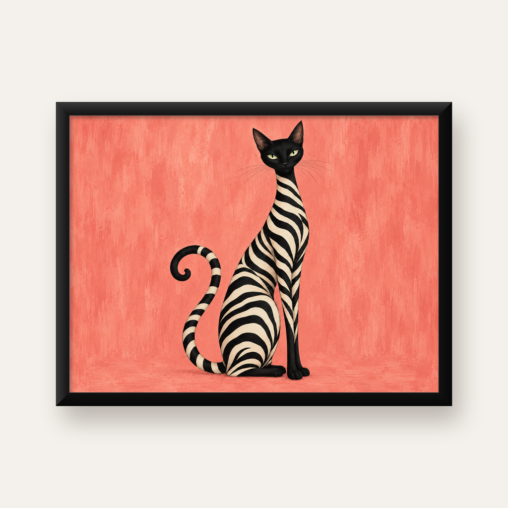 Zebra Desenli Kedi İllüstrasyonu Pembe Poster — Yatay baskı, düz siyah çerçeveli duvar posteri