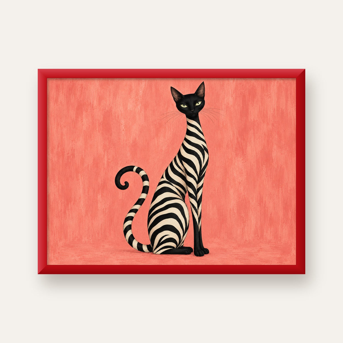 Somon Pembe Zebra Desenli Kedi Poster — kırmızı çerçeveli