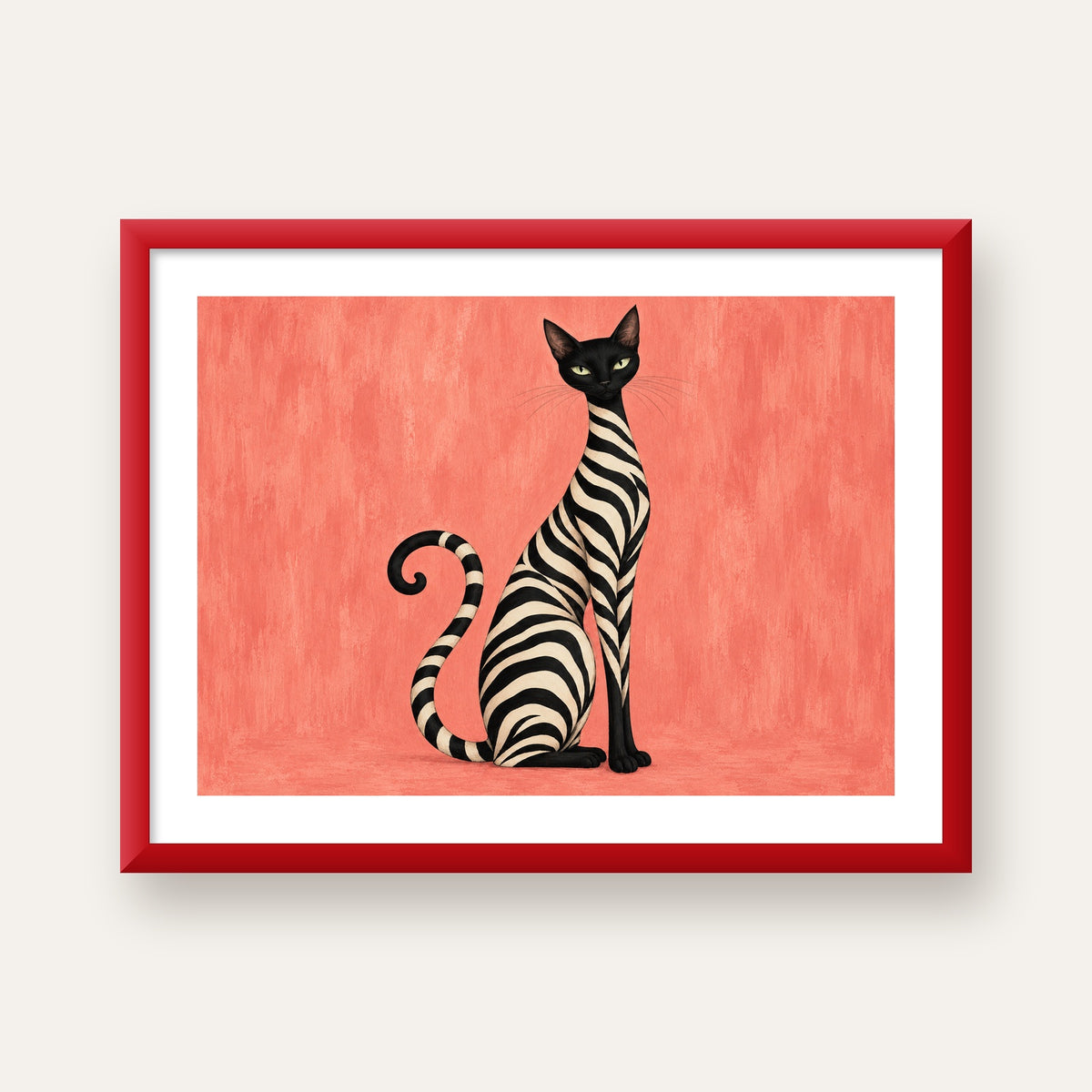 Somon Pembe Zebra Desenli Kedi Poster — kırmızı çerçeveli paspartulu