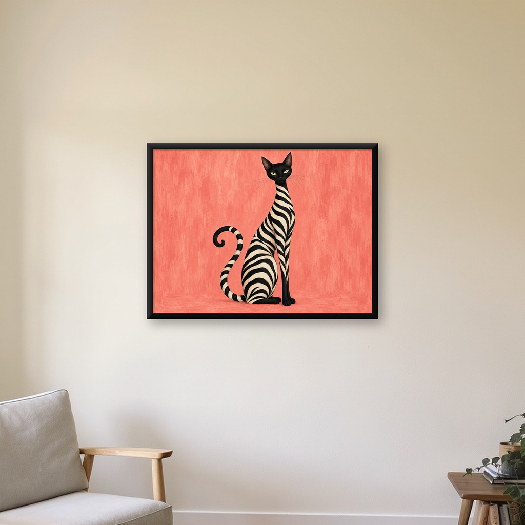 Zebra Desenli Kedi İllüstrasyonu Pembe Poster — Yatay baskı, çerçeveli hâliyle bir ev duvarında