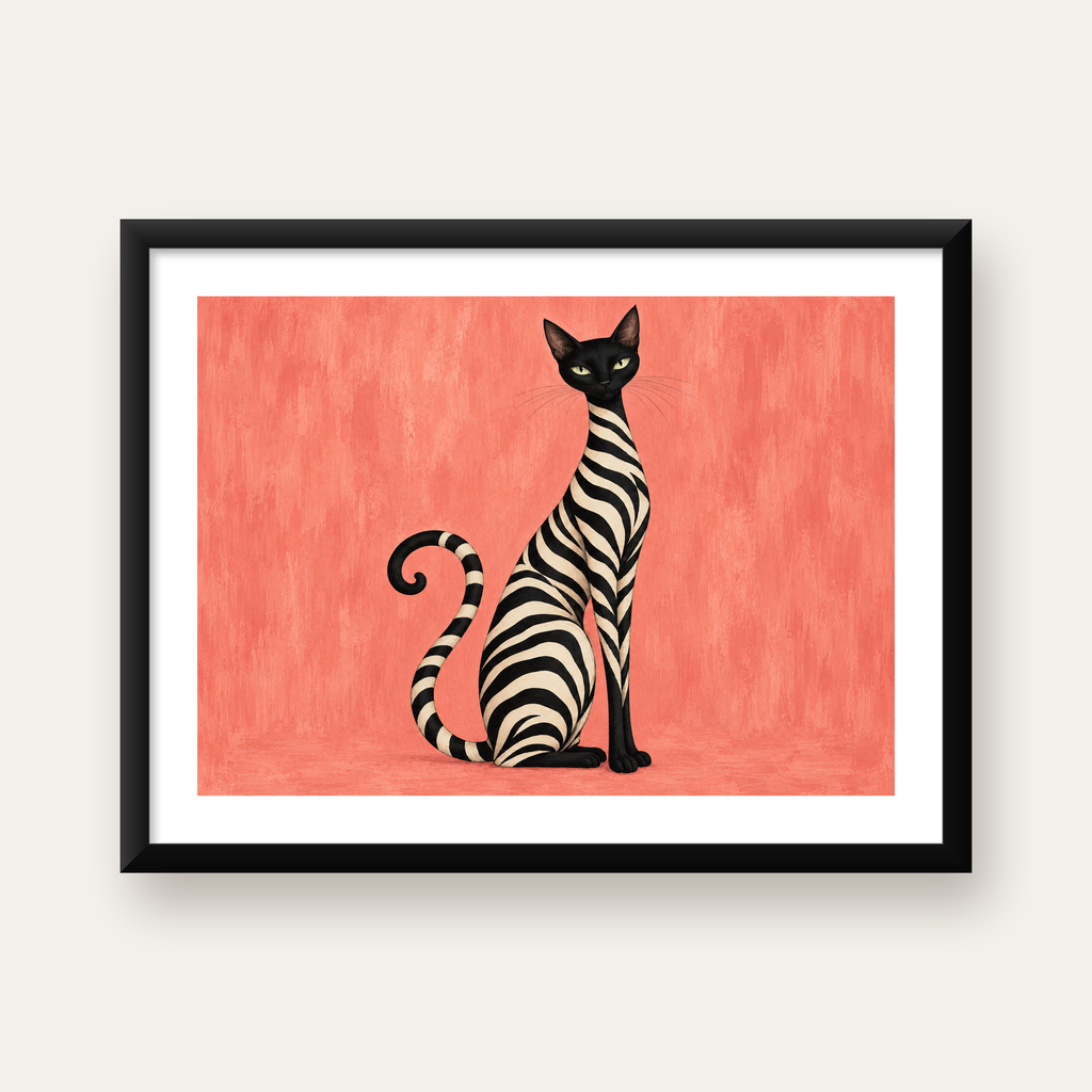 Zebra Desenli Kedi İllüstrasyonu Pembe Poster — Yatay baskı, beyaz kenar boşluklu