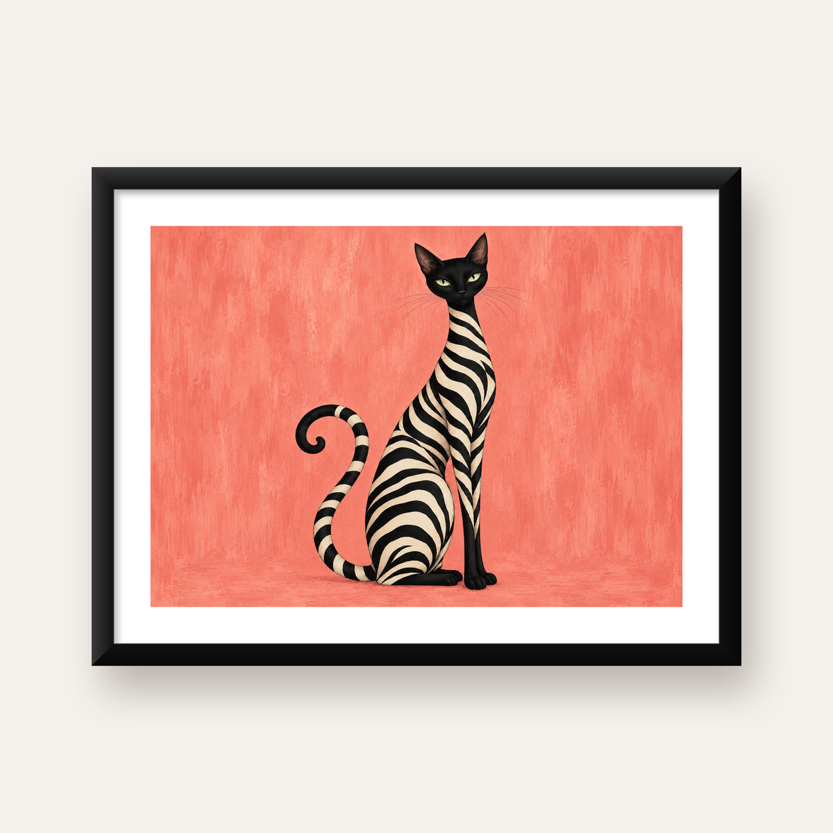 Zebra Desenli Kedi İllüstrasyonu Pembe Poster — Yatay baskı, beyaz kenar boşluklu