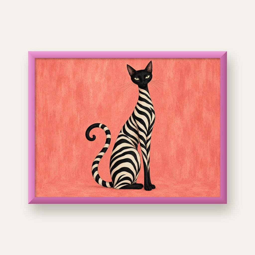 Somon Pembe Zebra Desenli Kedi Poster — pembe çerçeveli
