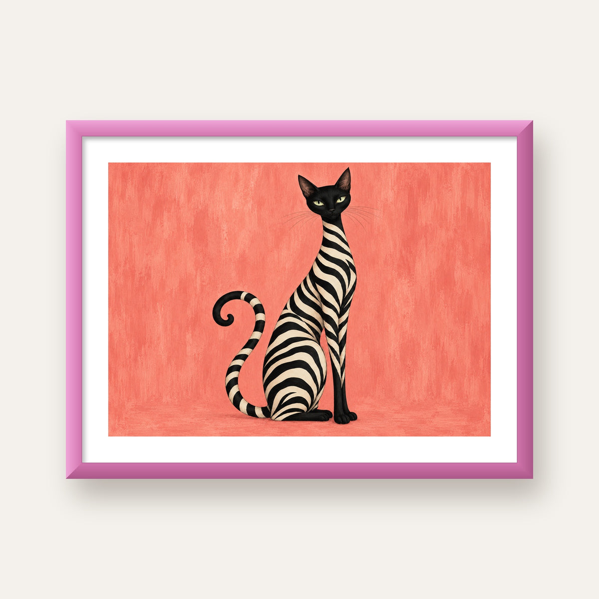 Somon Pembe Zebra Desenli Kedi Poster — pembe çerçeveli paspartulu