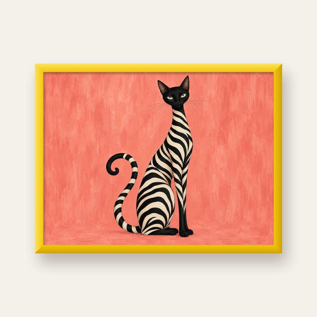 Somon Pembe Zebra Desenli Kedi Poster — sarı çerçeveli