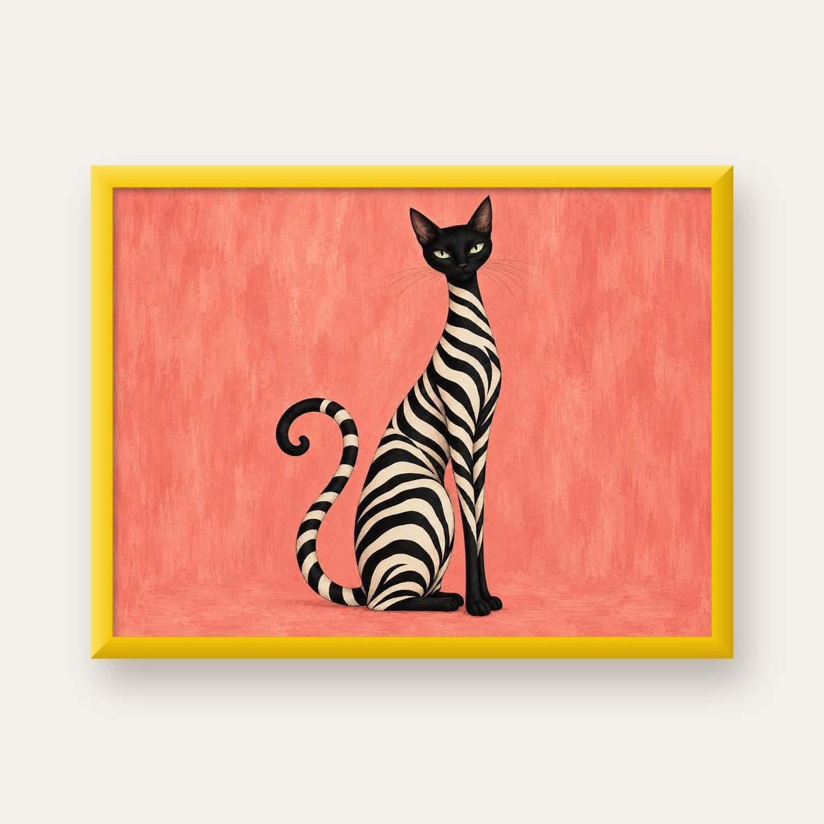 Somon Pembe Zebra Desenli Kedi Poster — sarı çerçeveli