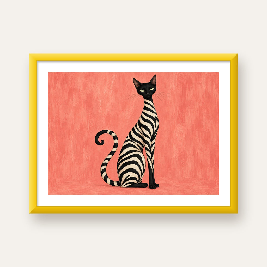 Somon Pembe Zebra Desenli Kedi Poster — sarı çerçeveli paspartulu