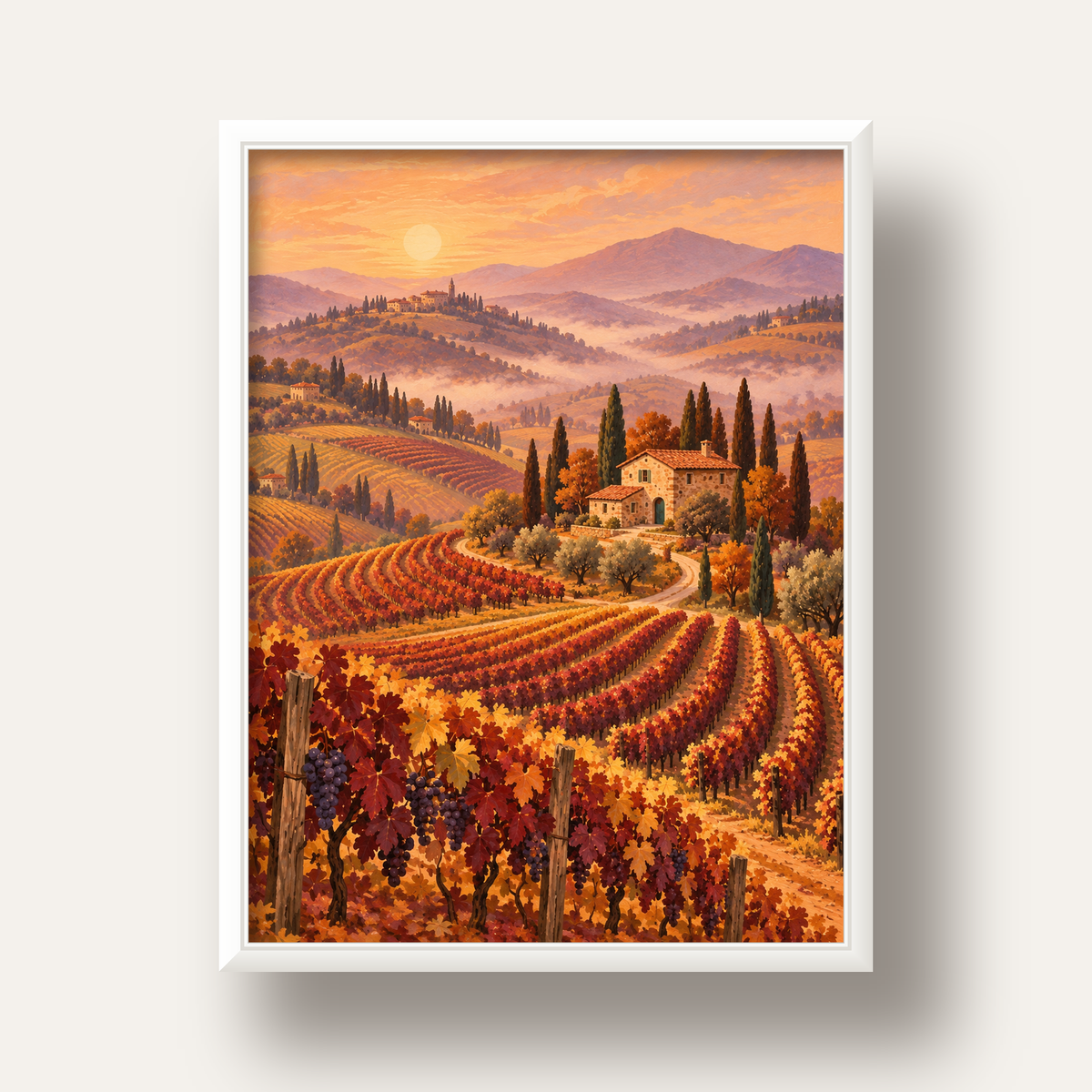 Toscana Bağları Manzaralı Romantik Yağlı Boya Poster — beyaz derin çerçeveli