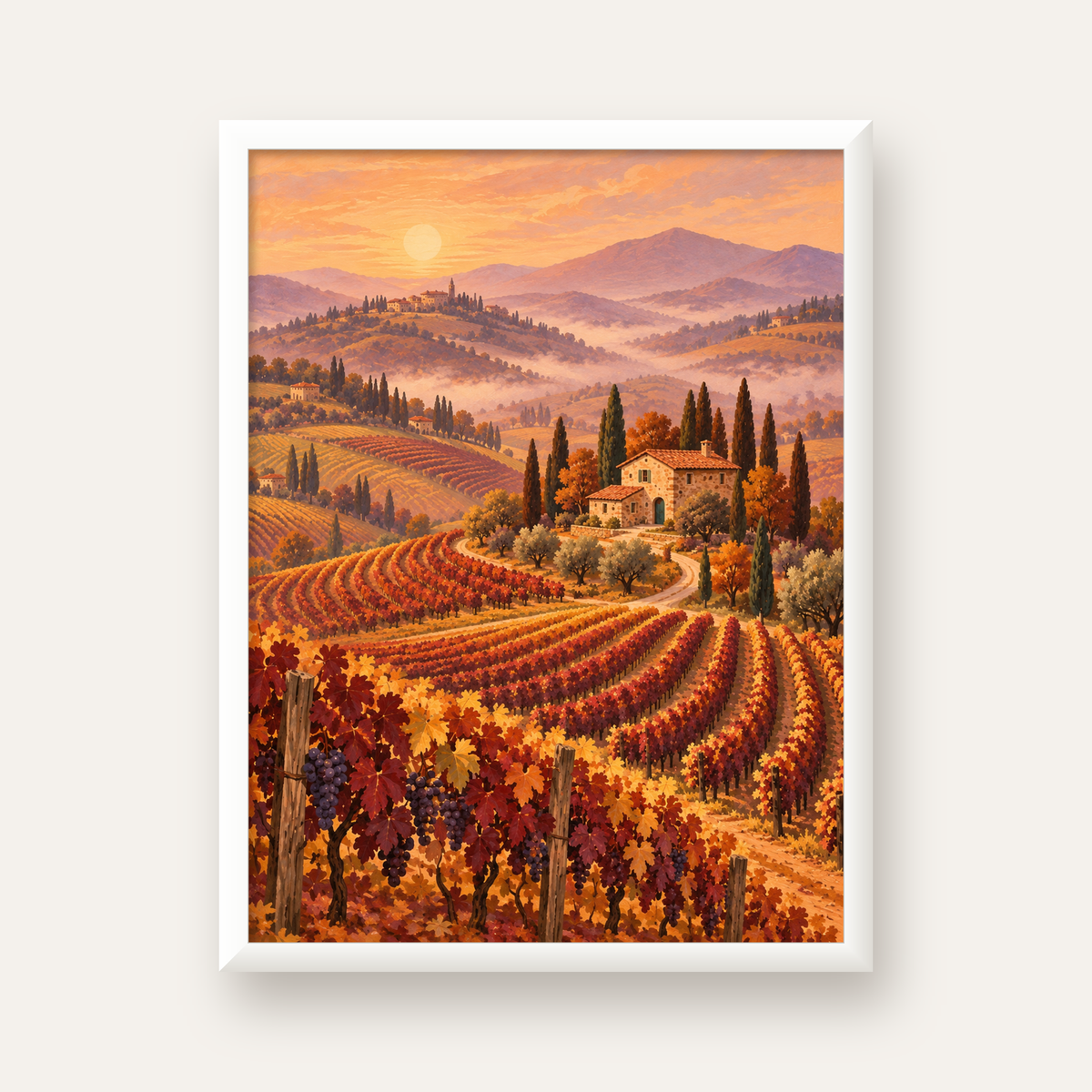 Toscana Bağları Manzaralı Romantik Yağlı Boya Poster — beyaz çerçeveli dikey poster