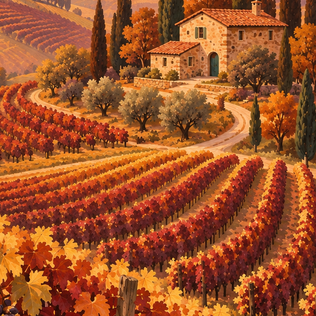Toscana Bağları Manzaralı Romantik Yağlı Boya Poster — baskının yakın çekimi, kâğıt dokusu ve renk detayı