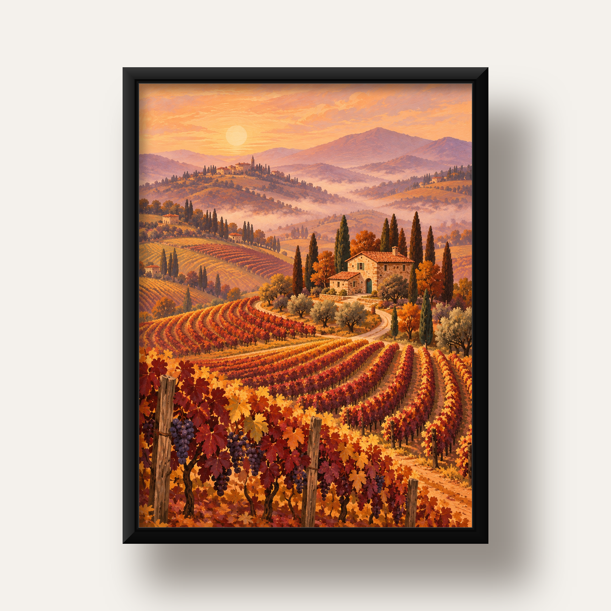 Toscana Bağları Manzaralı Romantik Yağlı Boya Poster — siyah derin çerçeveli