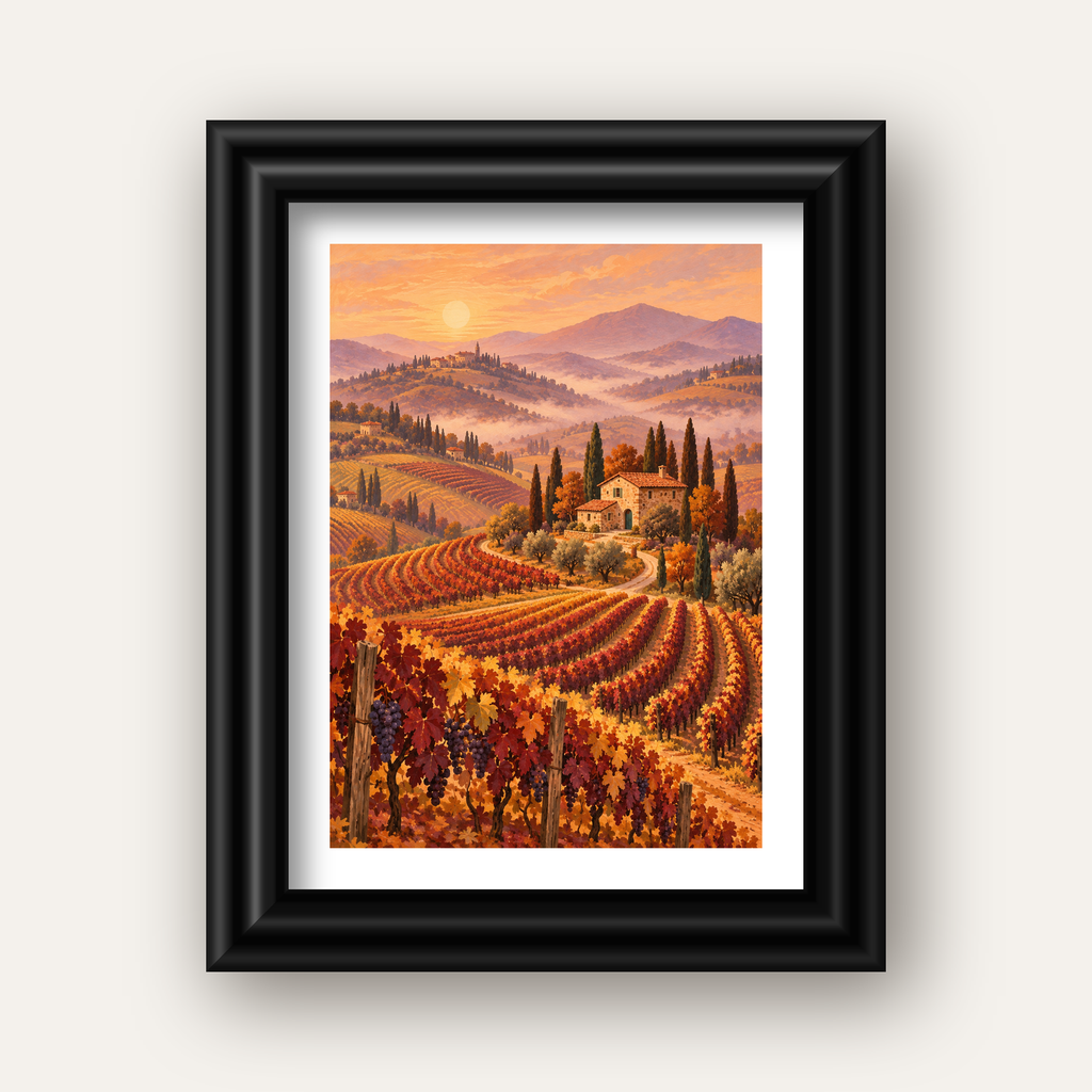 Toscana Bağları Manzaralı Romantik Yağlı Boya Poster — siyah galeri çerçeveli paspartulu