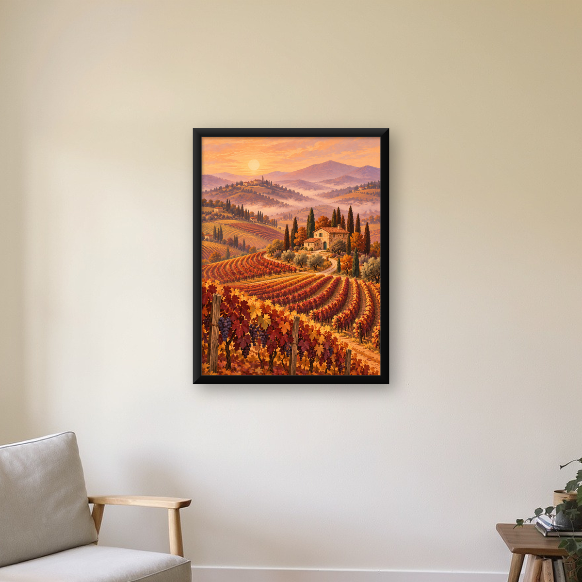 Toscana Bağları Manzaralı Romantik Yağlı Boya Poster — Dikey baskı, çerçeveli hâliyle bir ev duvarında