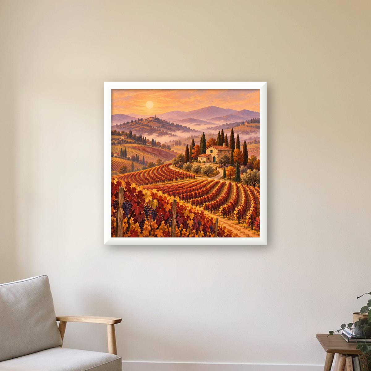 Toscana Bağları Manzaralı Romantik Yağlı Boya Poster — beyaz çerçeveli kare poster
