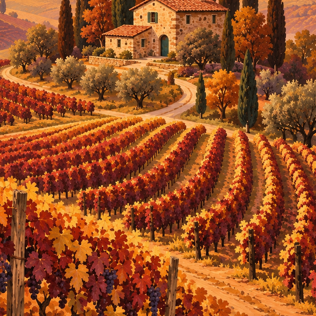 Toscana Bağları Manzaralı Romantik Yağlı Boya Poster — baskının yakın çekimi, kâğıt dokusu ve renk detayı