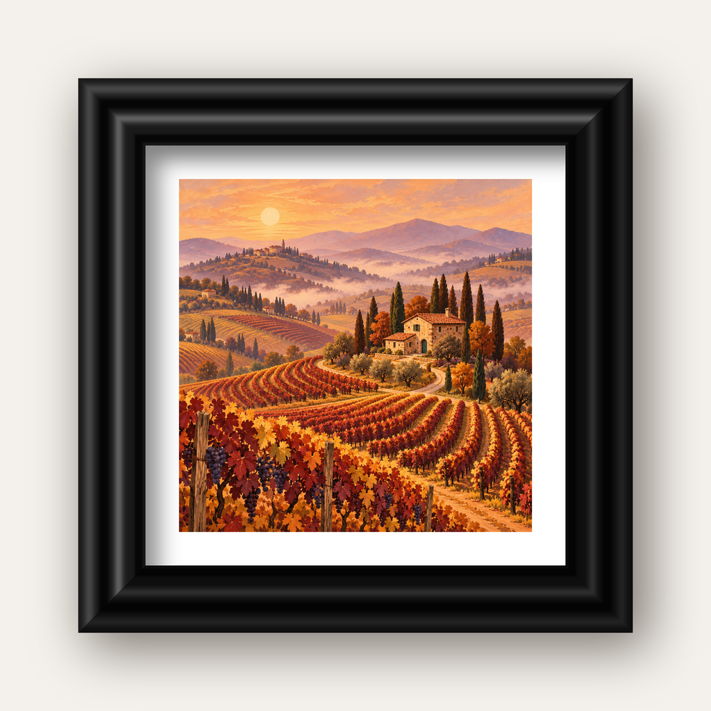 Toscana Bağları Manzaralı Romantik Yağlı Boya Poster — siyah galeri çerçeveli paspartulu
