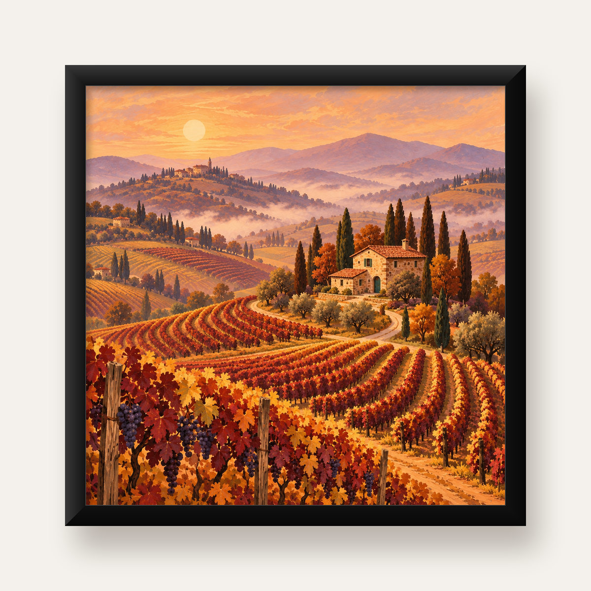 Toscana Bağları Manzaralı Romantik Yağlı Boya Poster — Kare baskı, düz siyah çerçeveli duvar posteri
