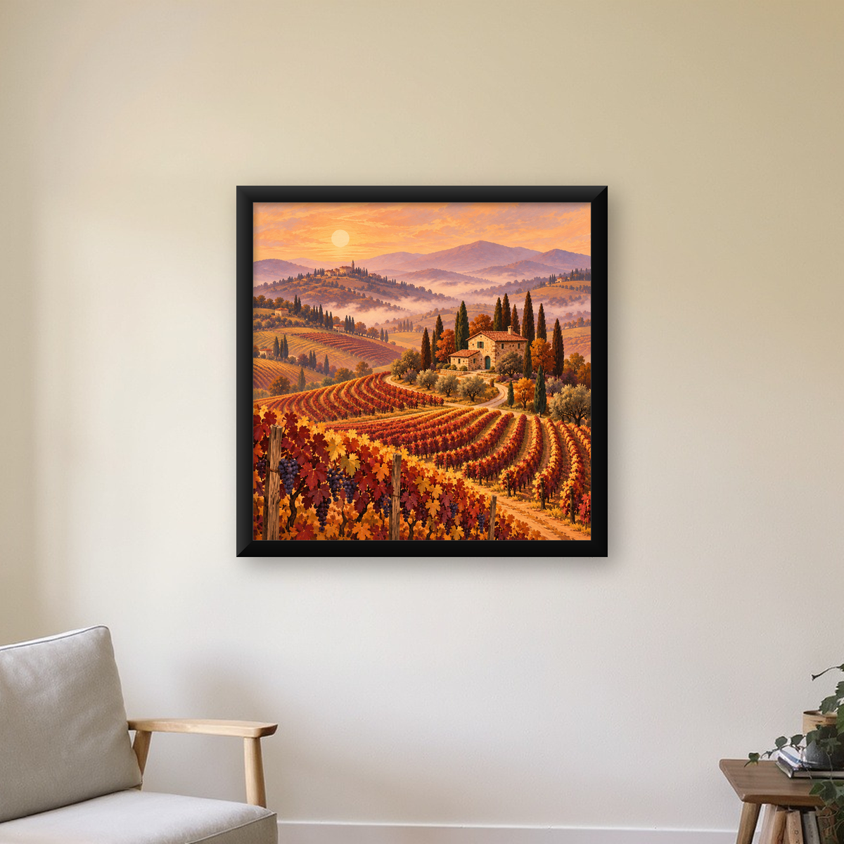 Toscana Bağları Manzaralı Romantik Yağlı Boya Poster — Kare baskı, çerçeveli hâliyle bir ev duvarında