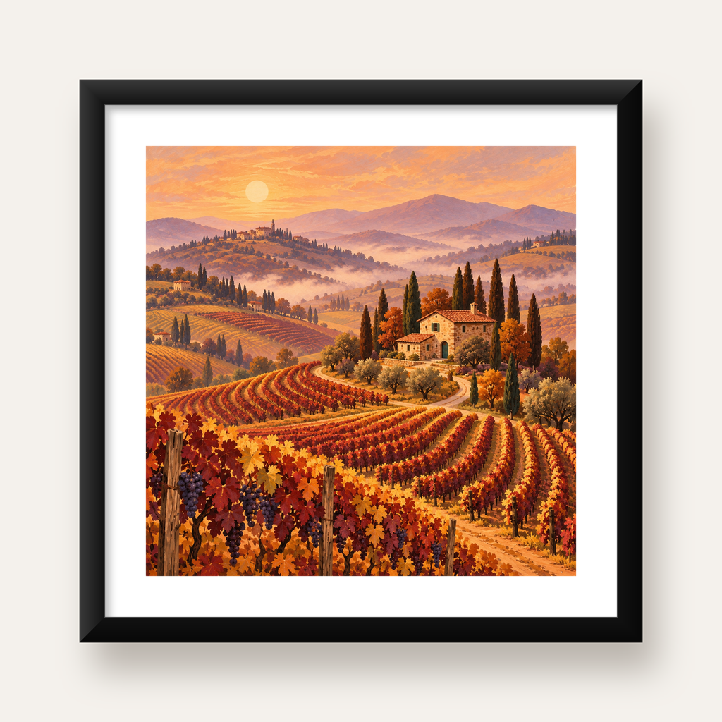 Toscana Bağları Manzaralı Romantik Yağlı Boya Poster — Kare baskı, beyaz paspartulu