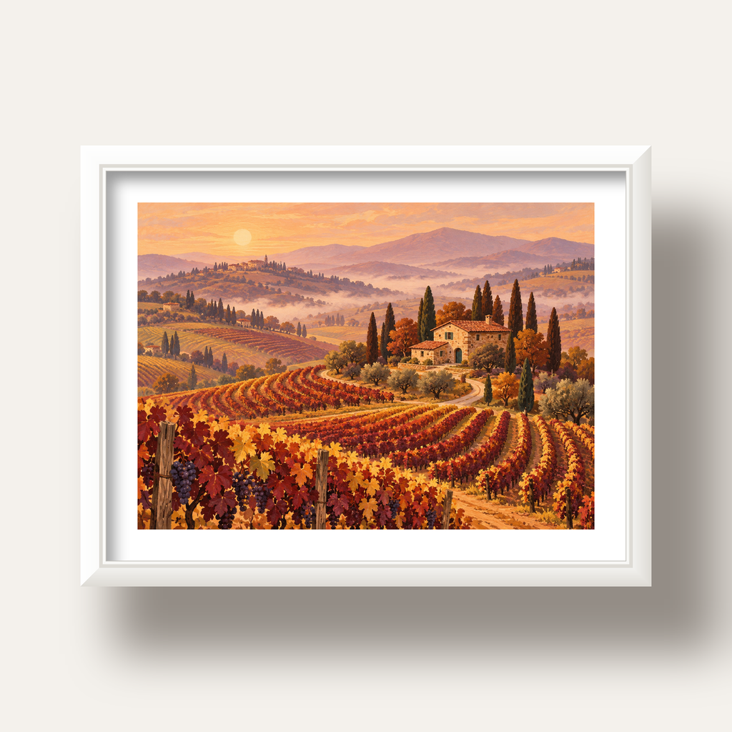Toscana Bağları Manzaralı Romantik Yağlı Boya Poster — beyaz derin çerçeveli paspartulu