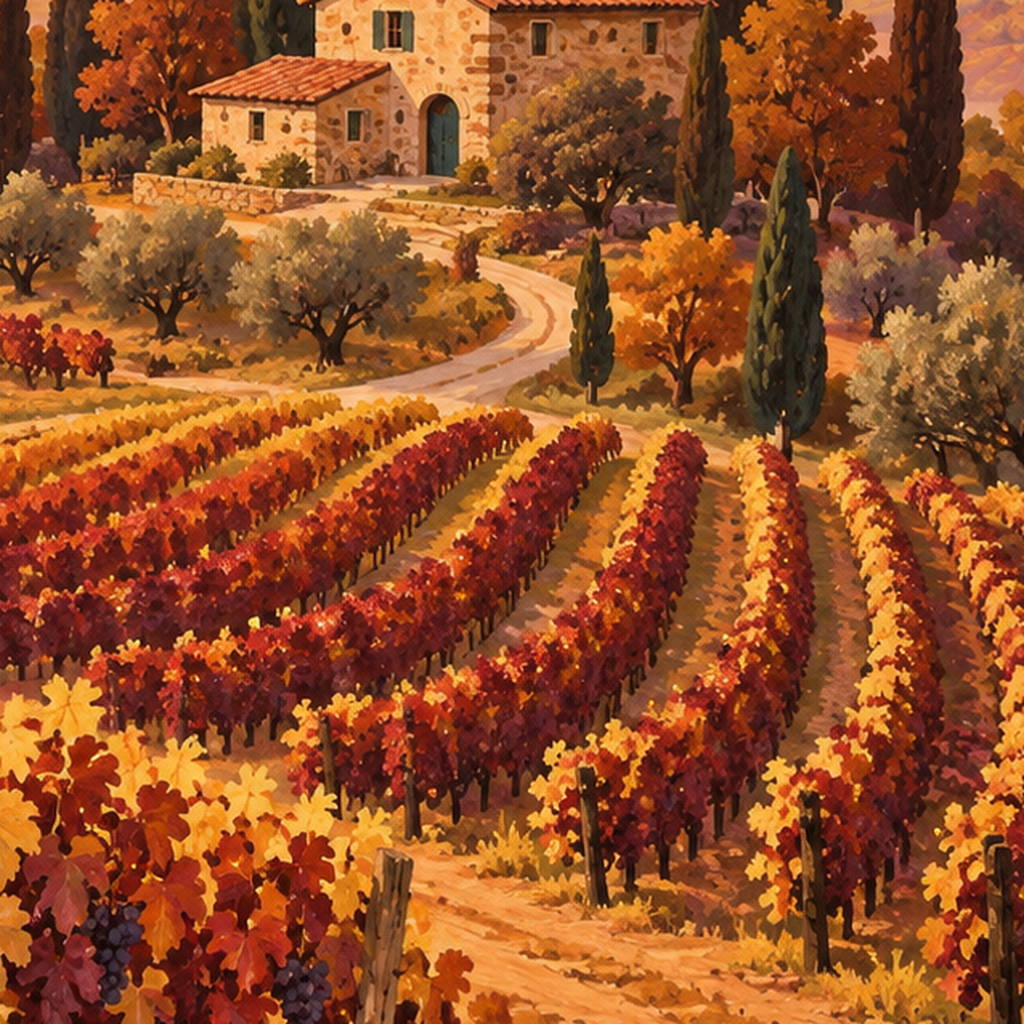 Toscana Bağları Manzaralı Romantik Yağlı Boya Poster — baskının yakın çekimi, kâğıt dokusu ve renk detayı