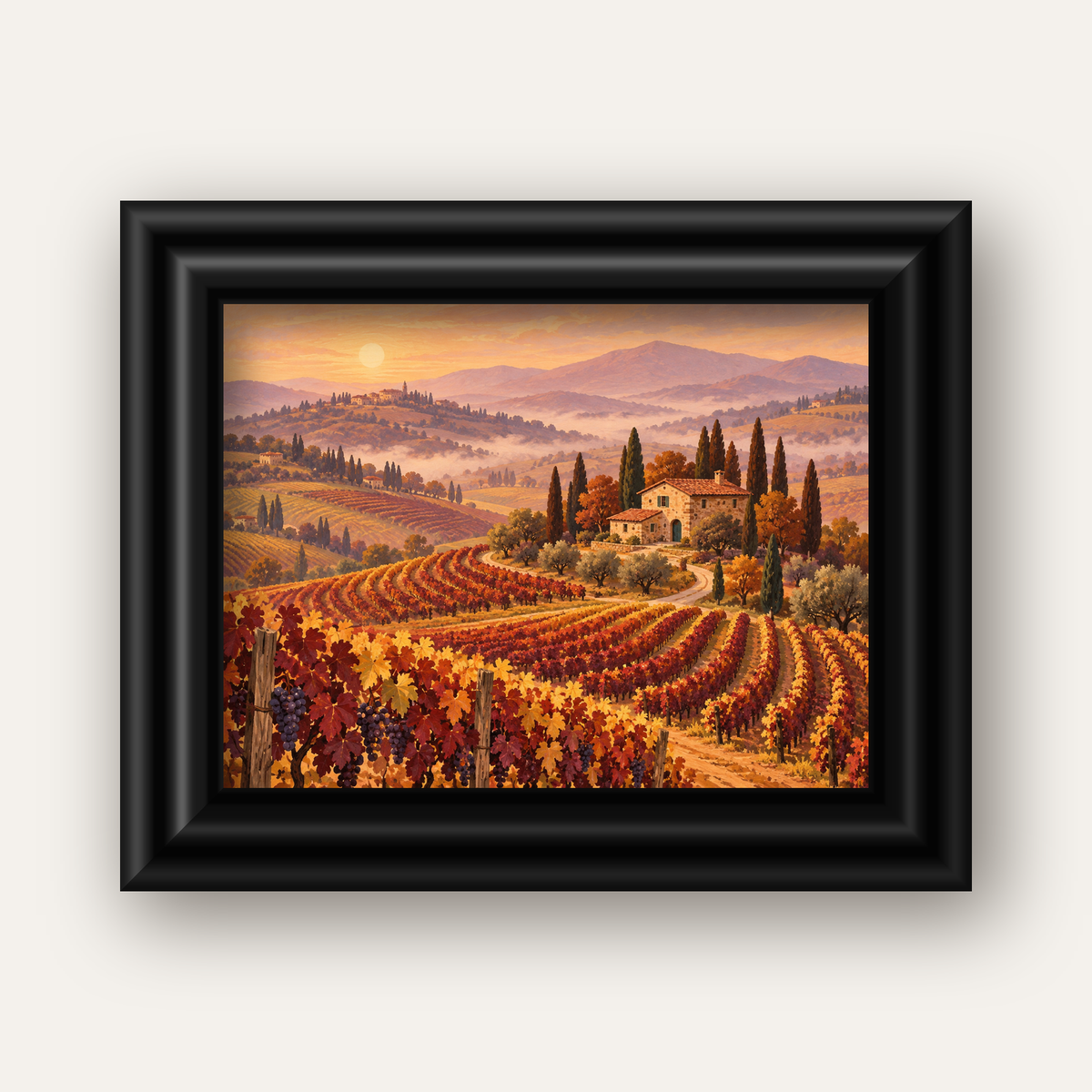 Toscana Bağları Manzaralı Romantik Yağlı Boya Poster — siyah galeri çerçeveli