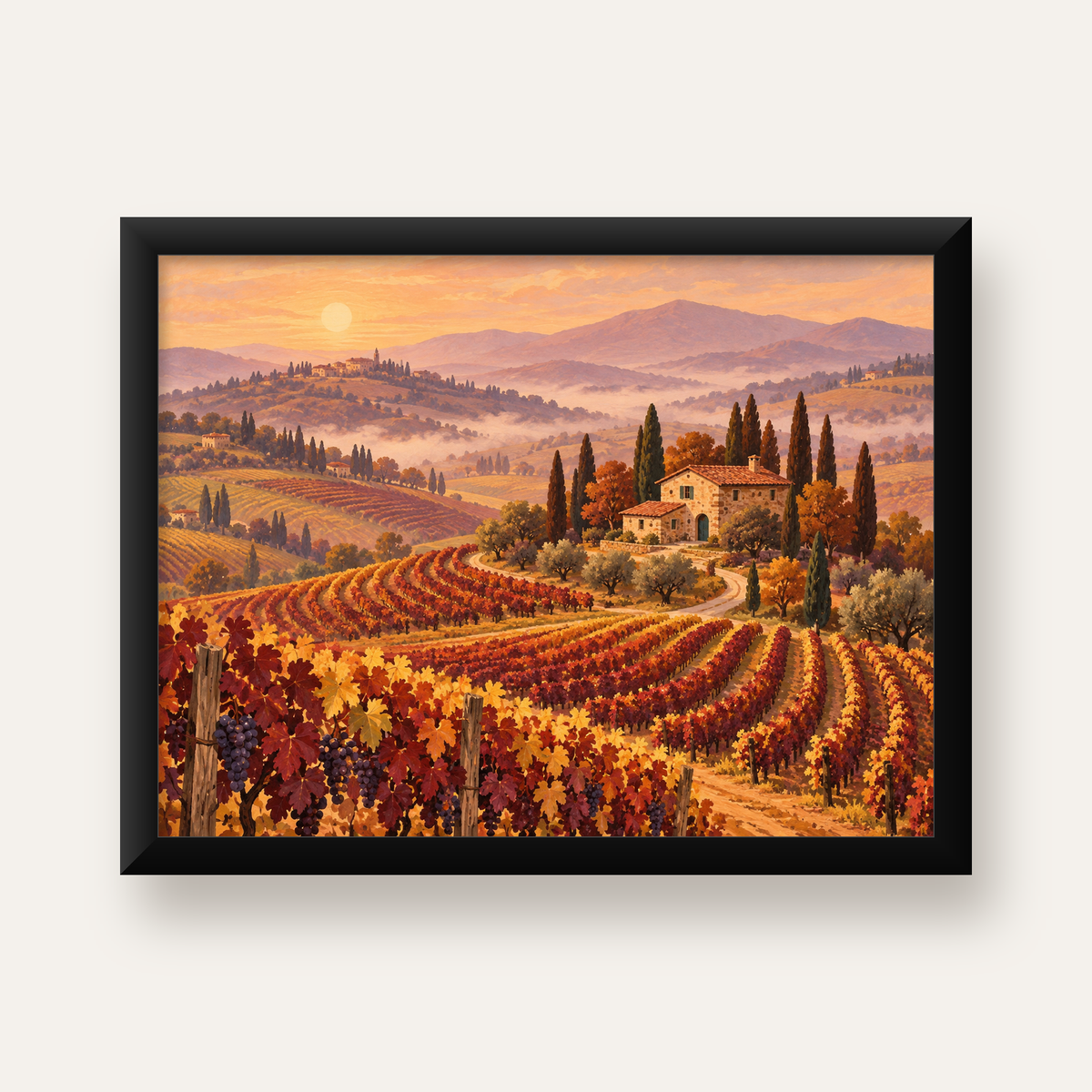 Toscana Bağları Manzaralı Romantik Yağlı Boya Poster — Yatay baskı, düz siyah çerçeveli duvar posteri