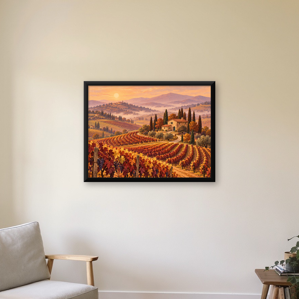 Toscana Bağları Manzaralı Romantik Yağlı Boya Poster — Yatay baskı, çerçeveli hâliyle bir ev duvarında