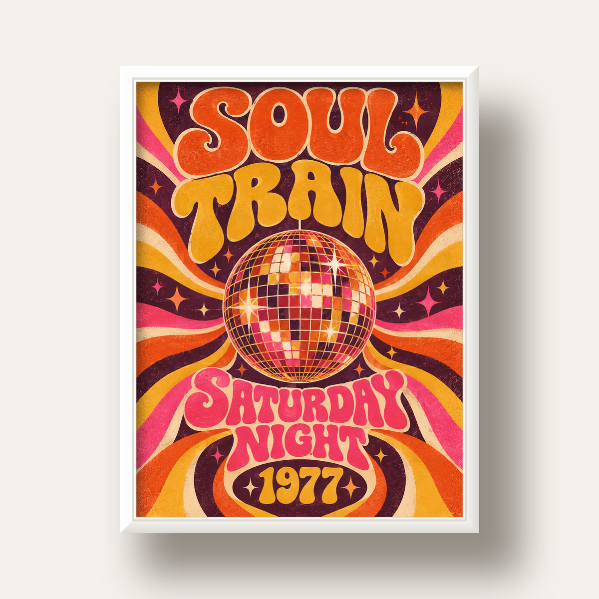 Retro Disko Topu Poster – Soul Train Saturday Night 1977 — beyaz derin çerçeveli