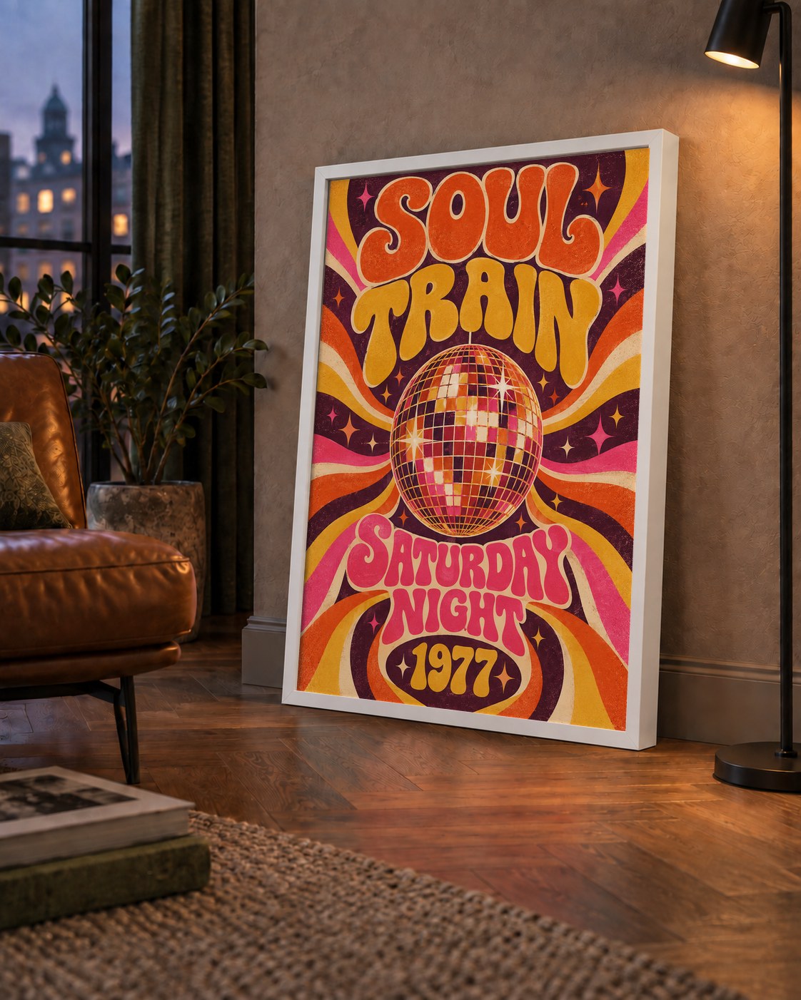 Retro Disko Topu Poster – Soul Train Saturday Night 1977 — çerçeveli hâliyle bir ev duvarında